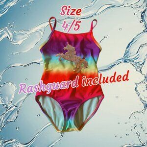 Rainbow Unicorn Swimsuit size 4/5 & Rashguard